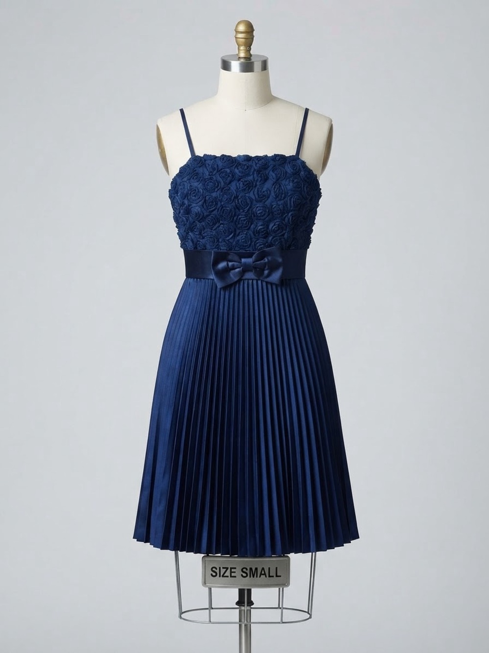 Navy Rosette Bodice Pleated Skirt Spaghetti Strap Dress